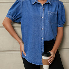 Short Sleeves Denim Shirt Single Breasted Button Lapel