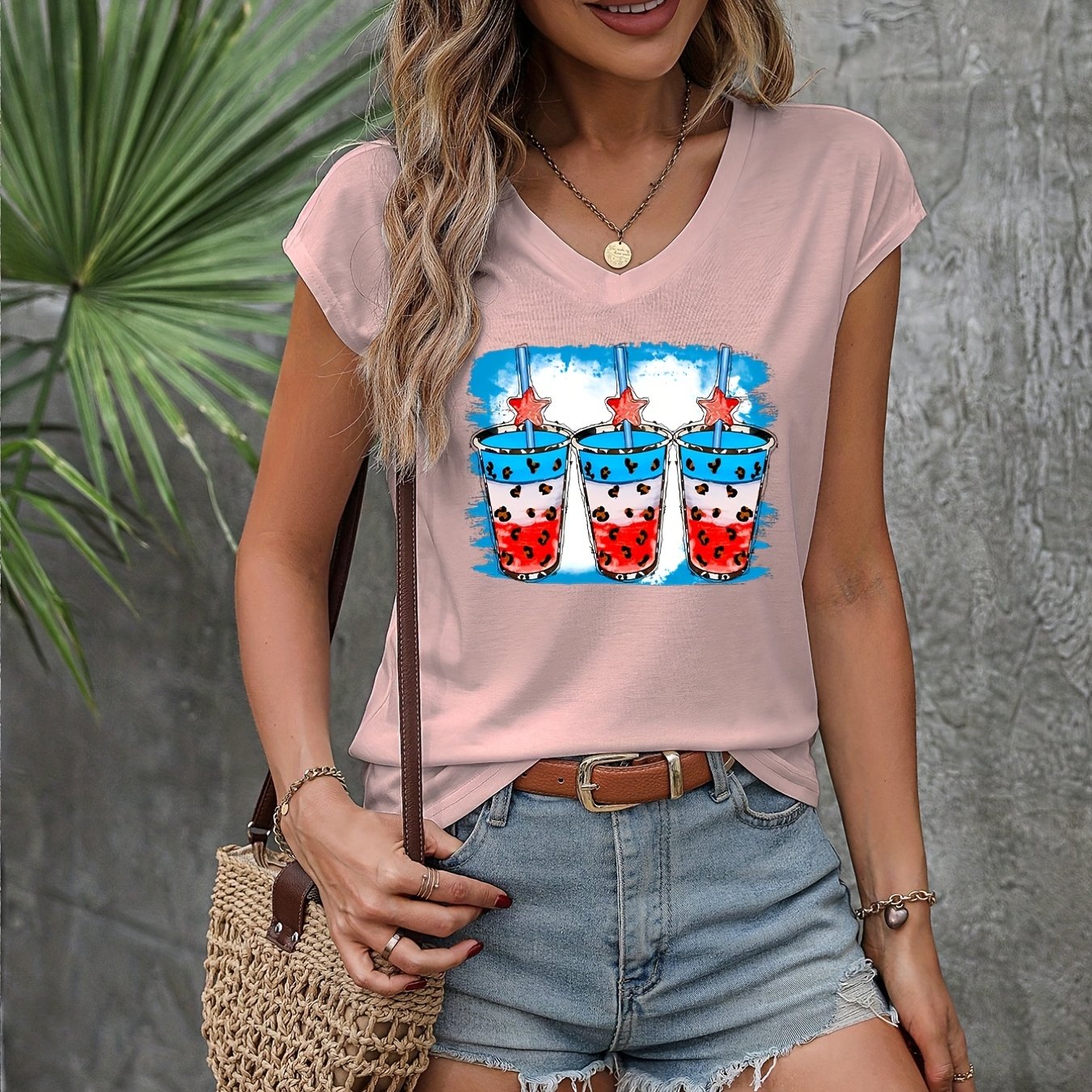 Abstract American Flags Print T shirt Crew Neck Short Sleeve Women's Clothing