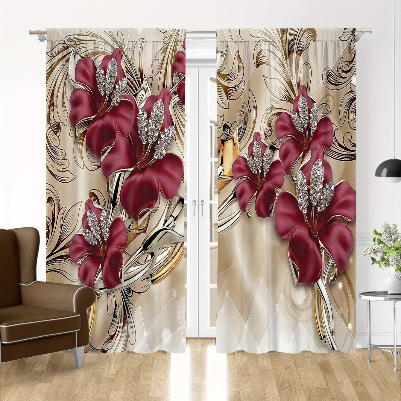 2pcs Flared Flower Printed Rod Pocket Curtains for Home Decor