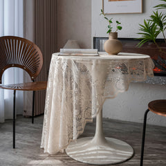 Beige Lace Table Cloth Round Table Cover 152cm Western Food Cafe Plaid Tassel