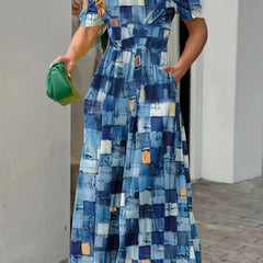 Patchwork Print Wide Leg Jumpsuit Casual Puff Sleeve Jumpsuit