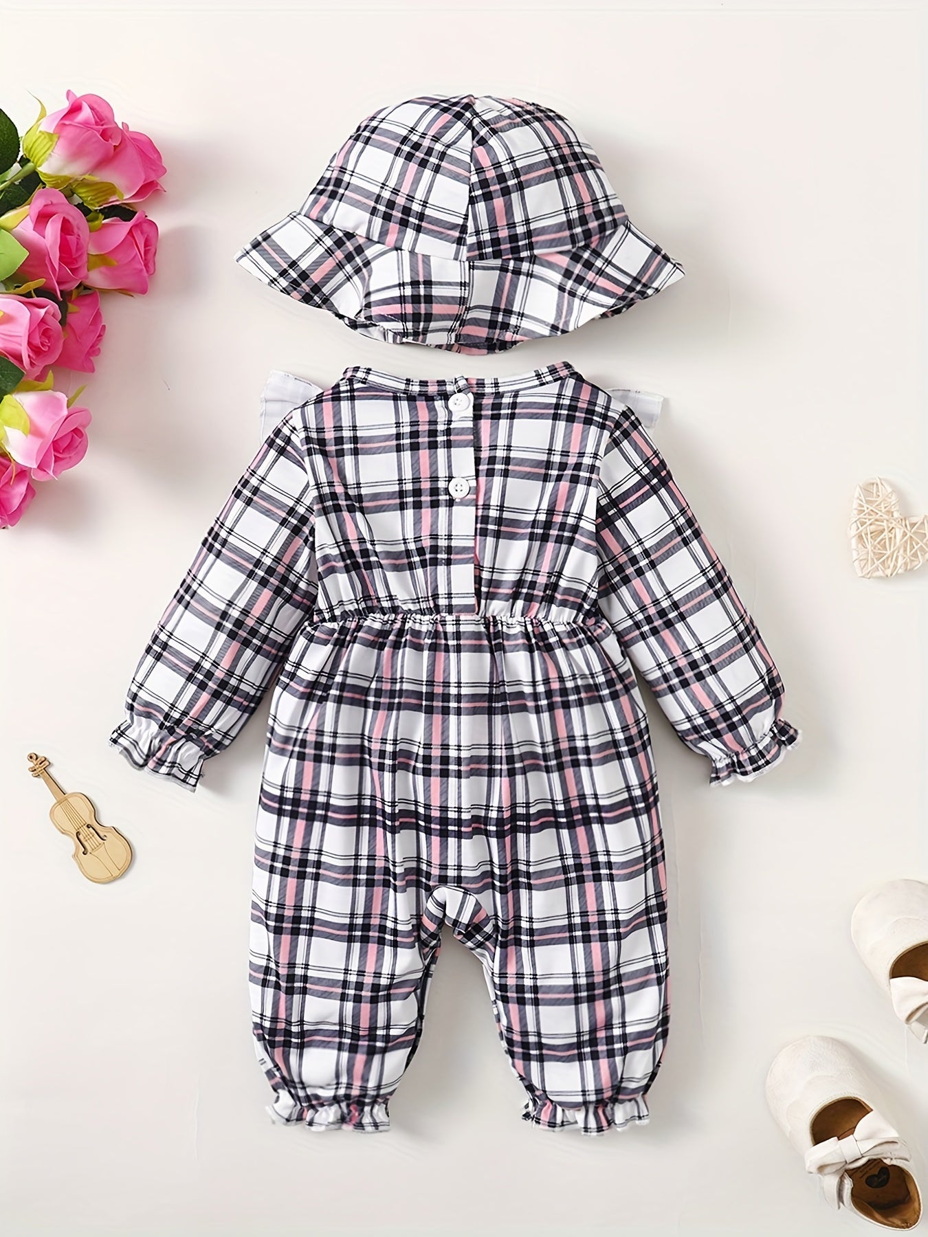 Plaid Bow Outfit Baby Girls 2pc Bodysuit & Hat Set