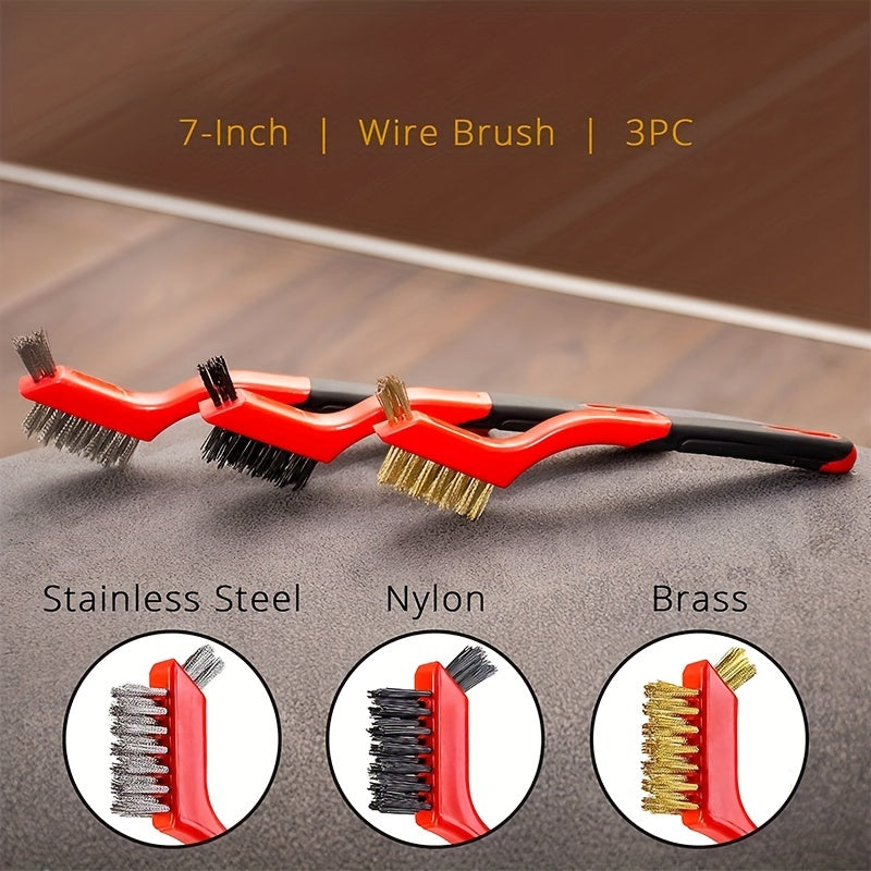 3-Piece Wire Brush Set Curved Handle Red 7 Inches