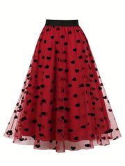 Layered Heart Mesh Elastic Waist A line Skirt