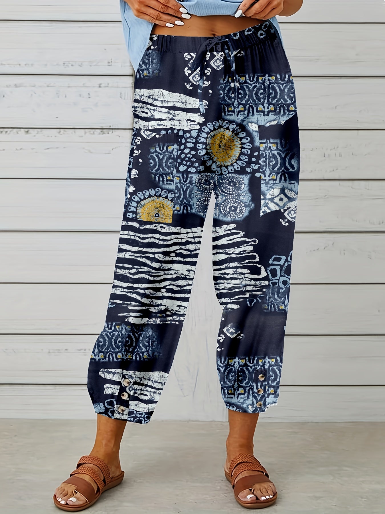 Abstract Print Cropped Pants Casual Drawstring Elastic Wais Pants