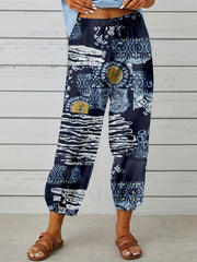 Abstract Print Cropped Pants Casual Drawstring Elastic Wais Pants