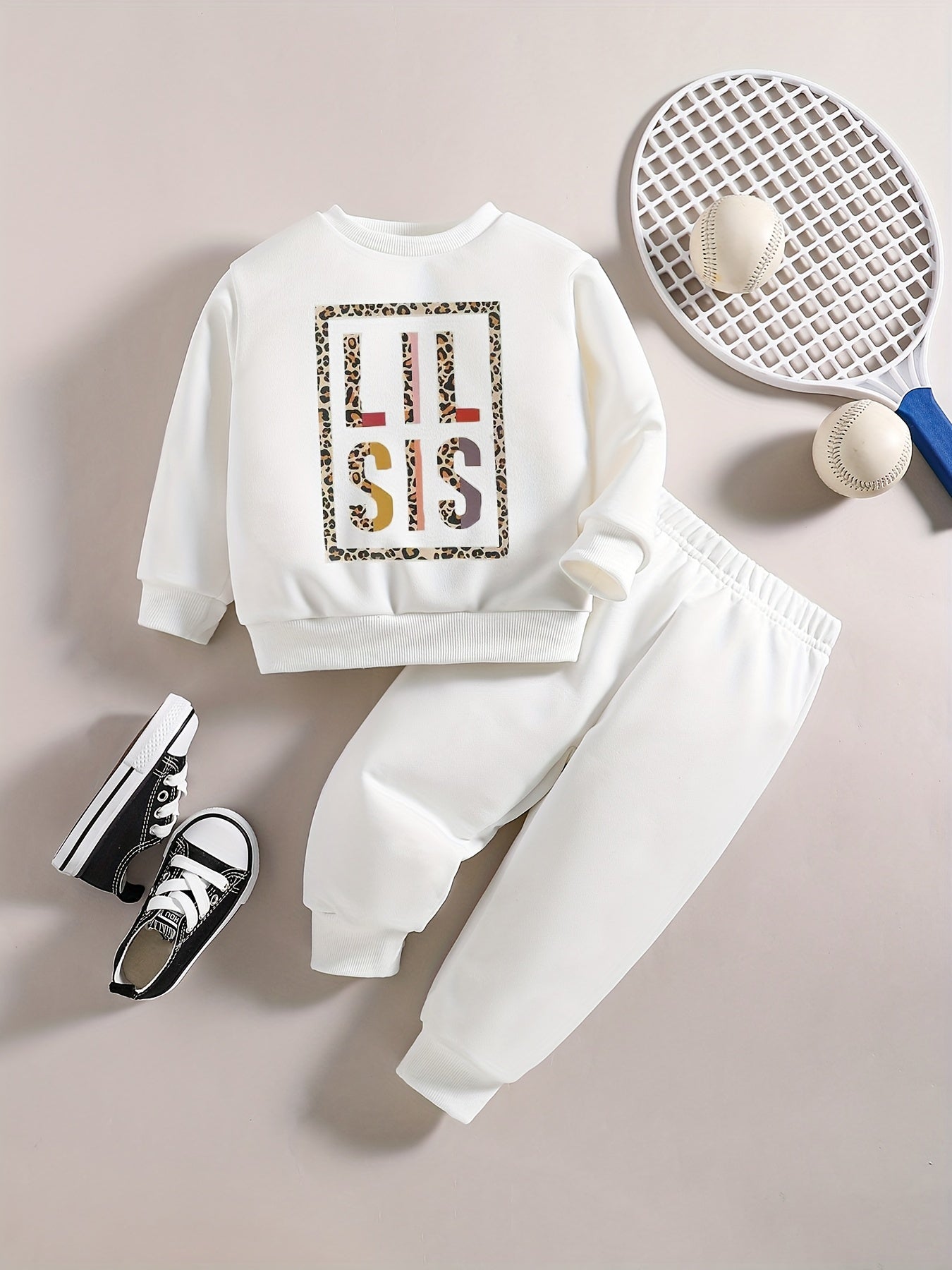 Baby Boy Stylish Outfit Leopard Letter Print Sweatshirt Pants Set