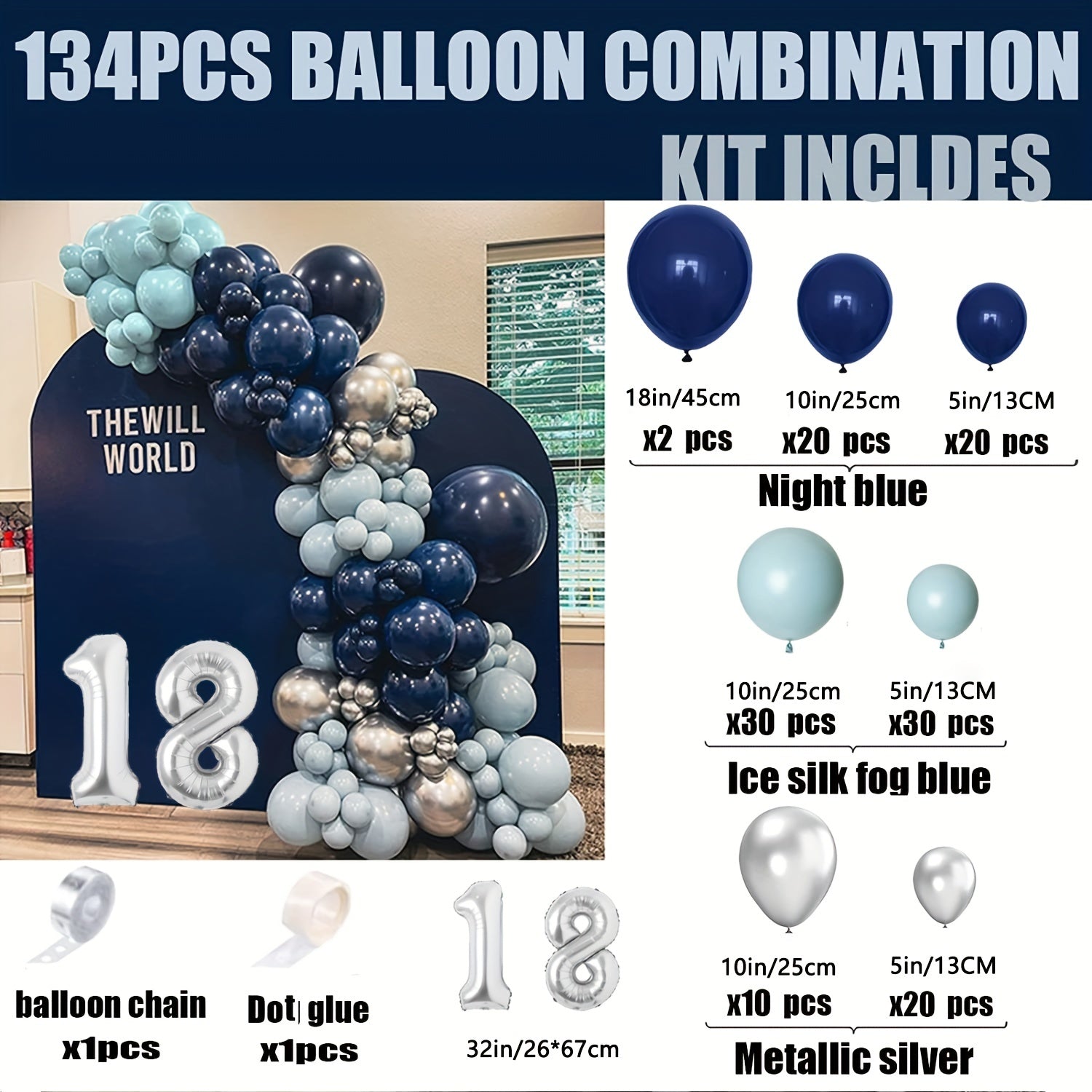 134pcs Navy Ice Dusty Balloon Arch Kit Silver Birthday Graduation Party Decor