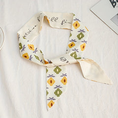 Beige Flower Print Skinny Scarf Long Ribbon Neckerchief