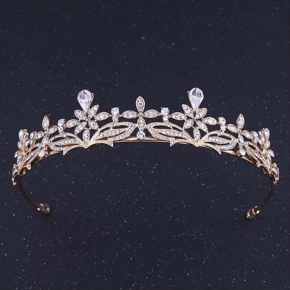 Vintage Silvery Crown Golden Wedding Tiara Rhinestone Crystal