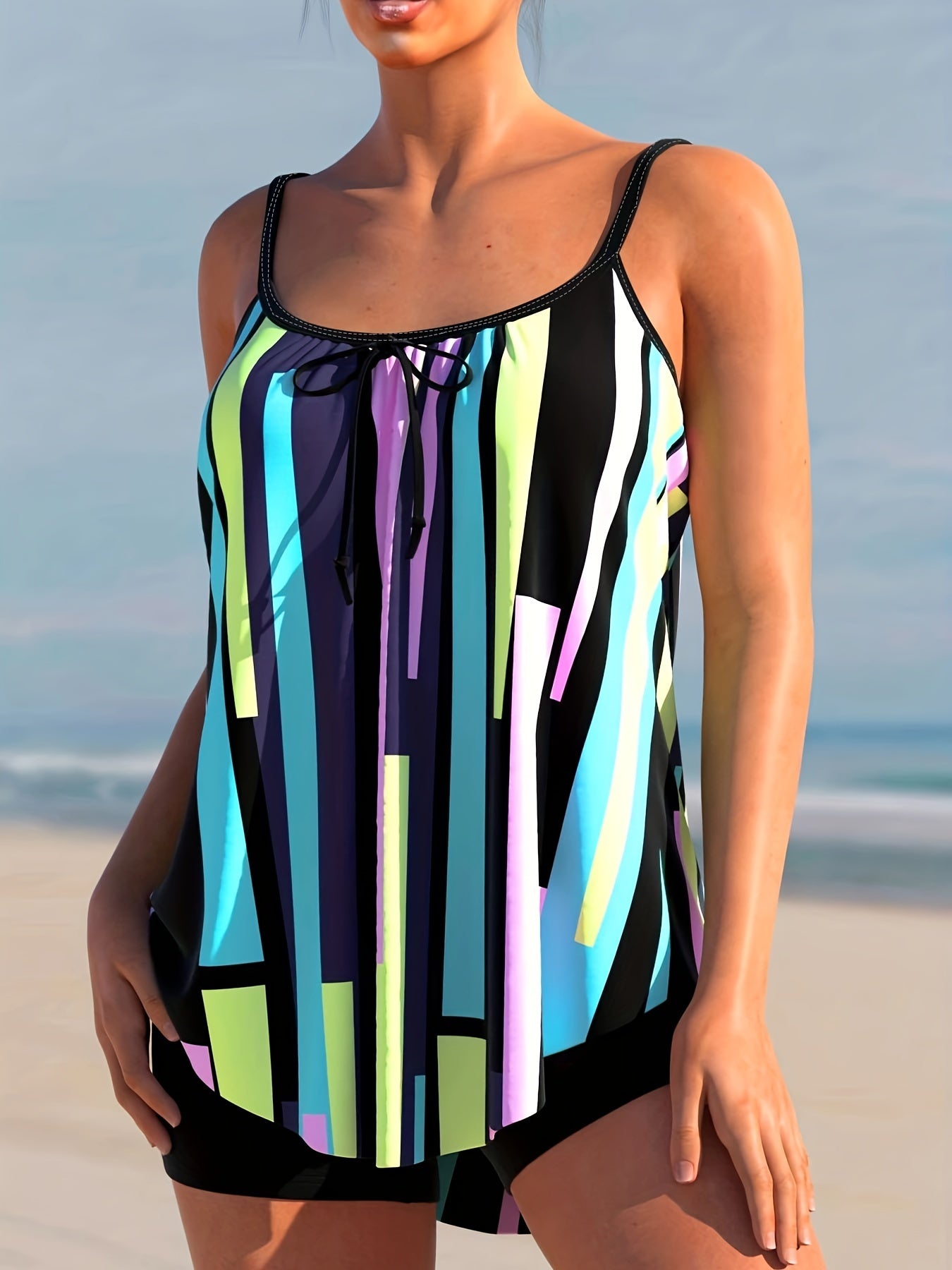 Modest Tankini Set Geo Print Tie Round Neck Cami Top & Sh