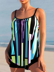 Modest Tankini Set Geo Print Tie Round Neck Cami Top & Sh