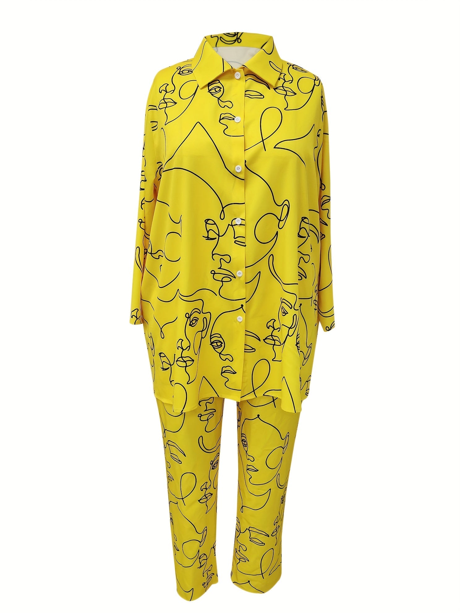 Women's Plus Abstract Face Print Long Sleeve Button Up Shirt & Pants Set
