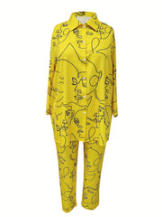 Women's Plus Abstract Face Print Long Sleeve Button Up Shirt & Pants Set
