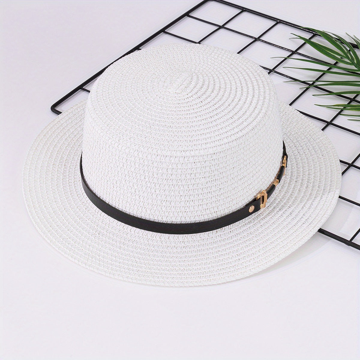 Double Link Chain Belt Flat Top Straw Hat Outdoor Sunshade Travel Hat