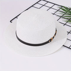 Double Link Chain Belt Flat Top Straw Hat Outdoor Sunshade Travel Hat