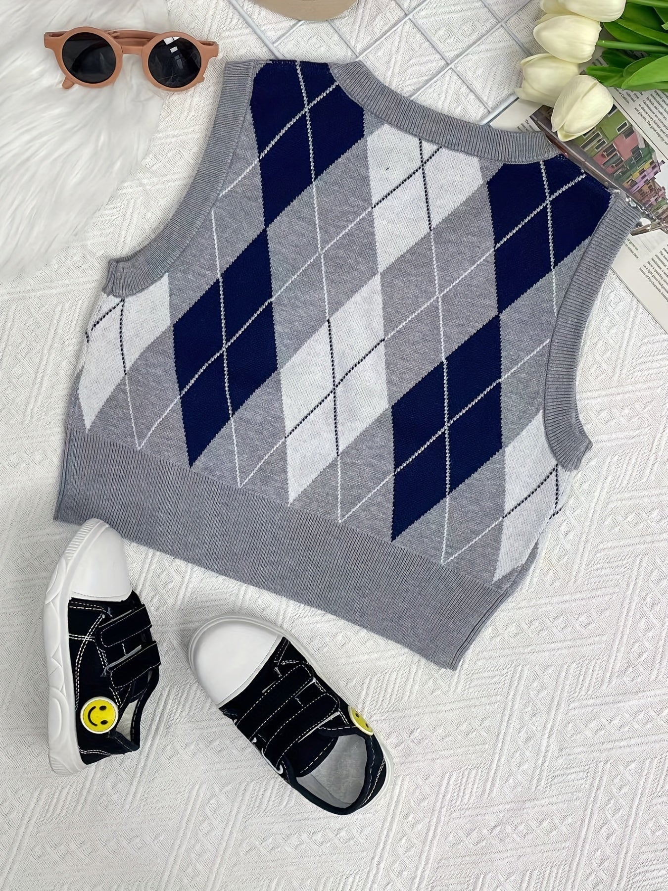 Boys Retro College Style V Neck Knitted Sleeveless Sweater Vest
