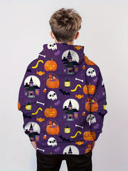 Skull & Pumpkin Print Kid's Hoodie Halloween Elements Unisex Pullover