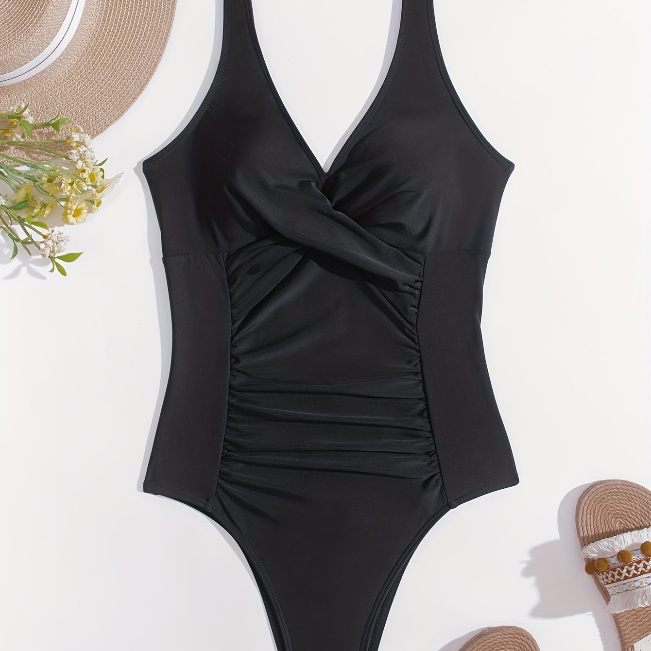 Ruched One Piece Swimsuit V Neck Backless Bathing Suit Women's Swimwear