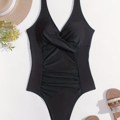 Ruched One Piece Swimsuit V Neck Backless Bathing Suit Women's Swimwear