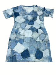 Denim Print Short Sleeve V Neck Dress With Pockets
