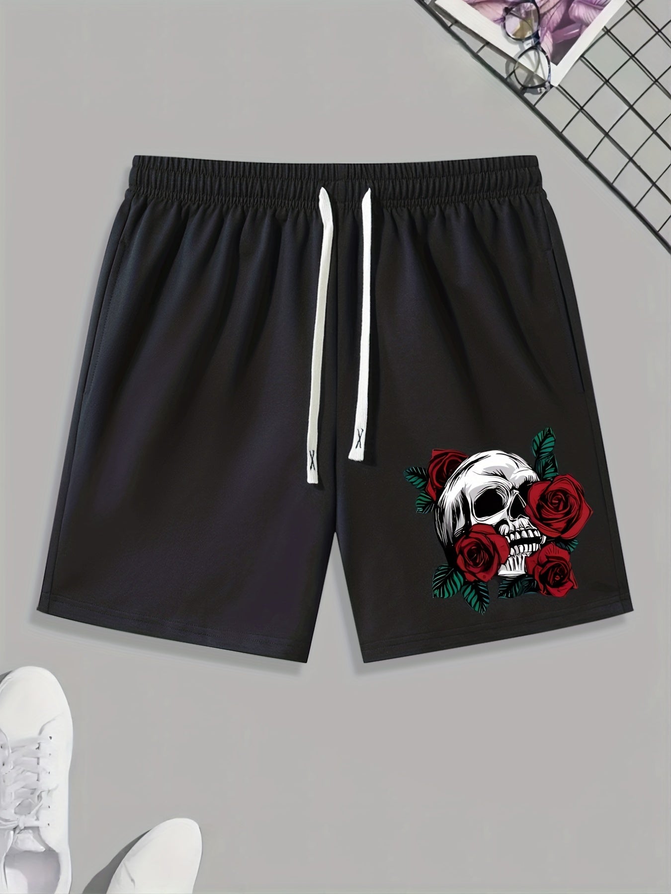 Skull & Rose Print Men's Activewear Drawstring Shorts