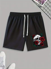 Skull & Rose Print Men's Activewear Drawstring Shorts