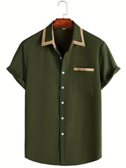 Men's Short Sleeve Button Up Shirt, Chest Pocket, Contrast Lapel