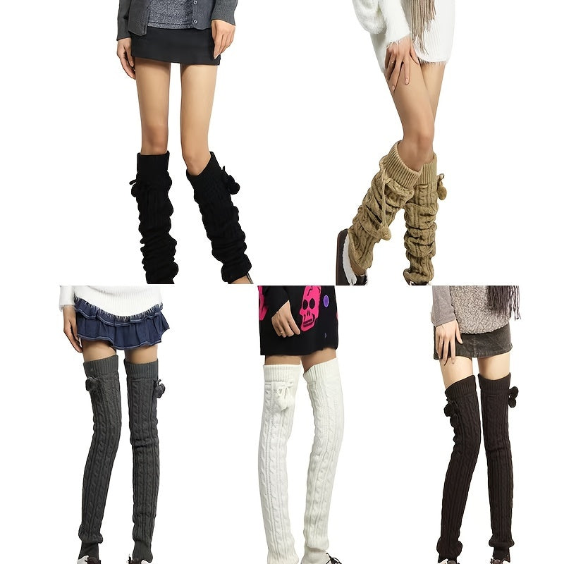 Ribbed Knit Thigh High Leg Warmers With Pom Poms Women's Stockings