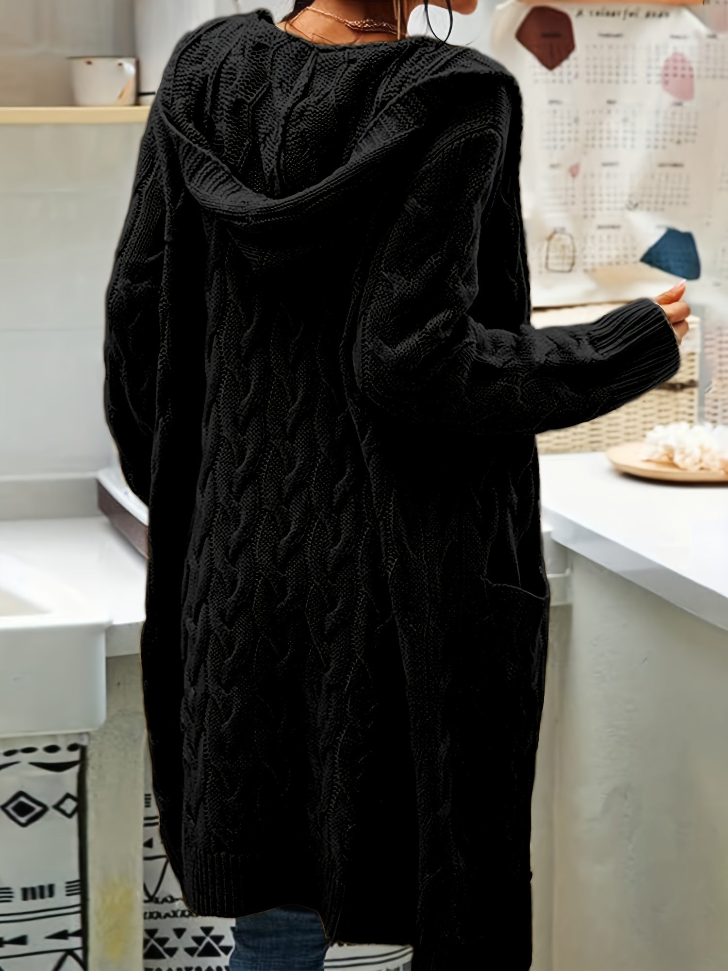 Cable Sleeve Hooded Cardigan With Pockets