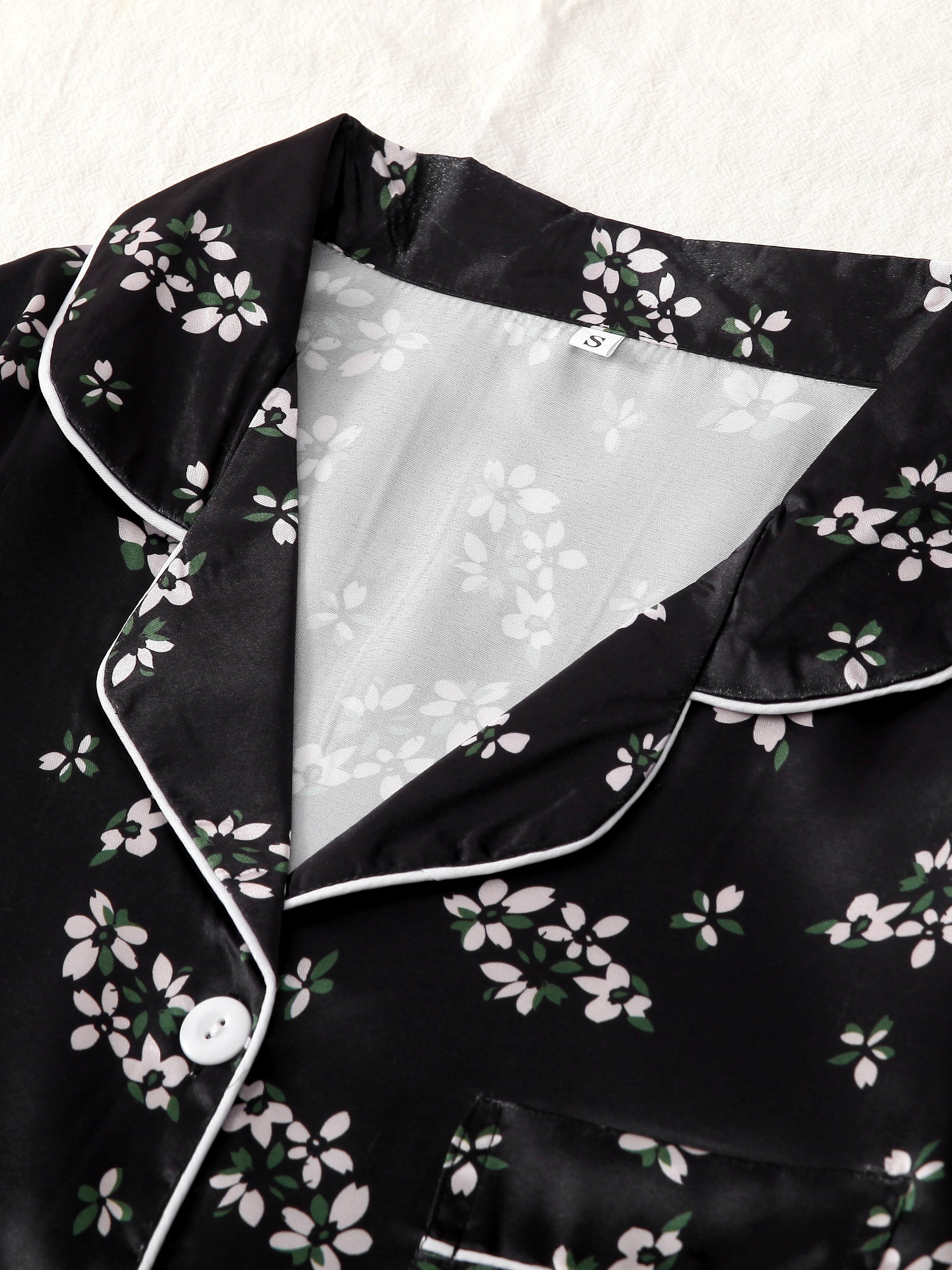 Flower Print Satin Pajama Set Comfy Short Sleeve Pocket Lapel Top & Bow Shorts