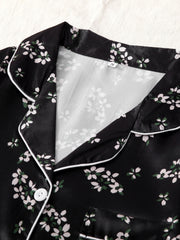 Flower Print Satin Pajama Set Comfy Short Sleeve Pocket Lapel Top & Bow Shorts