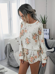Floral Print Lounge Set Crew Neck Top & Lace Up Shorts