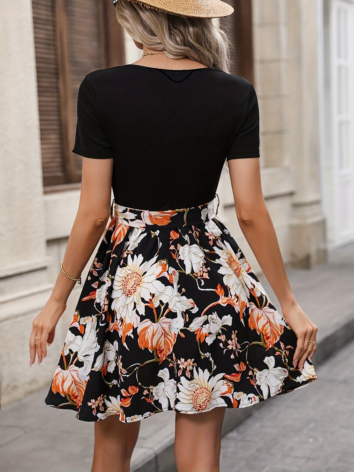 Floral Print Belted Dress Short Sleeve - Vacation Dress