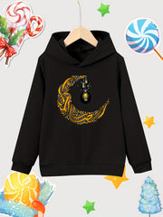 Moon Lantern Print Girls Cotton Pullover Hooded Sweatshirt for Autumn Winter