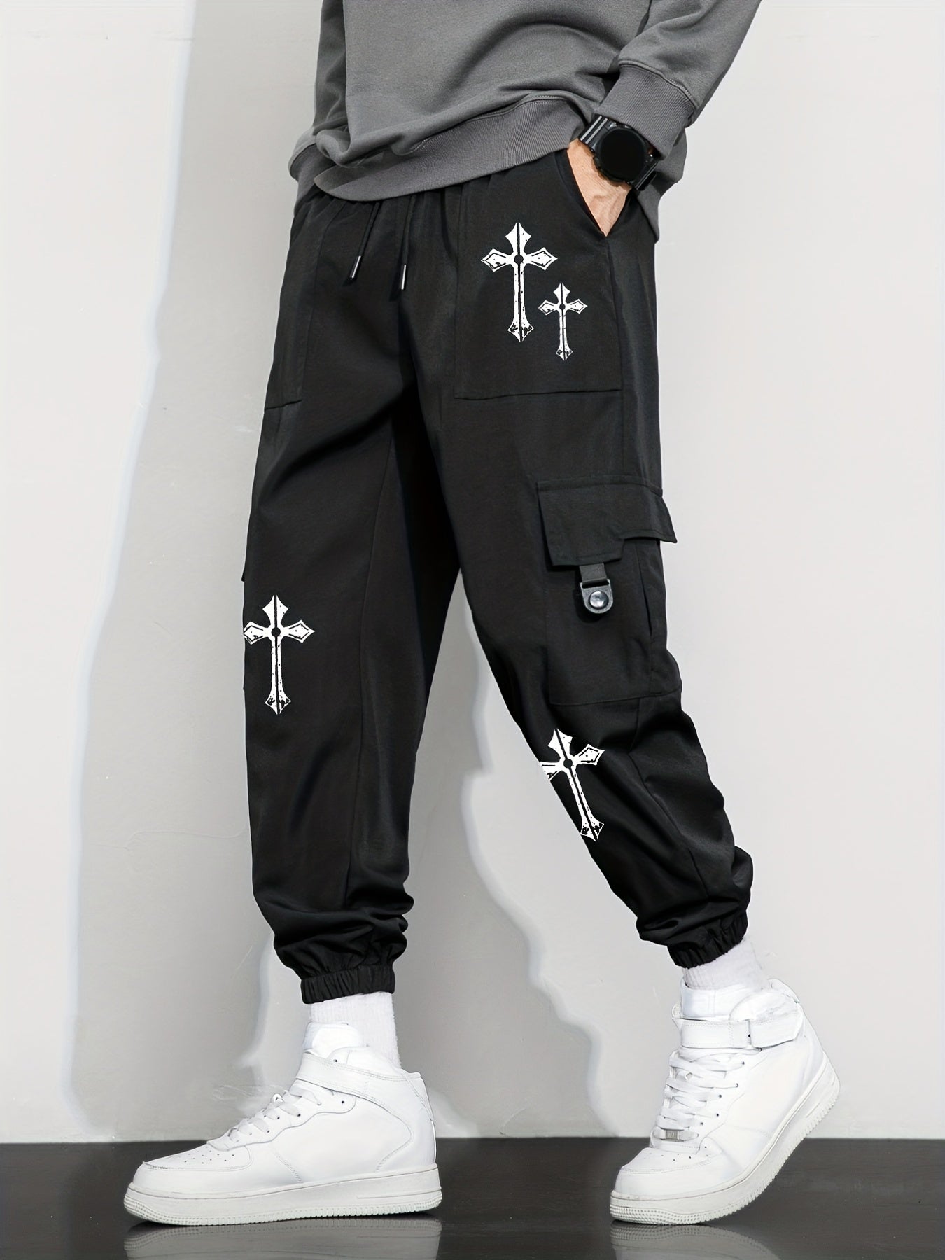 Cross Pattern Drawstring Cargo Pants Men's Joggers