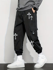 Cross Pattern Drawstring Cargo Pants Men's Joggers