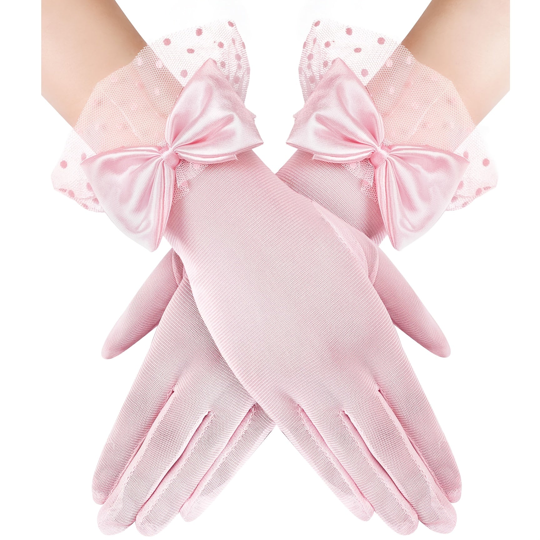 Women's Lace Gloves with Bow Detail Sheer Short Mitten for Formal Events