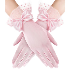 Women's Lace Gloves with Bow Detail Sheer Short Mitten for Formal Events
