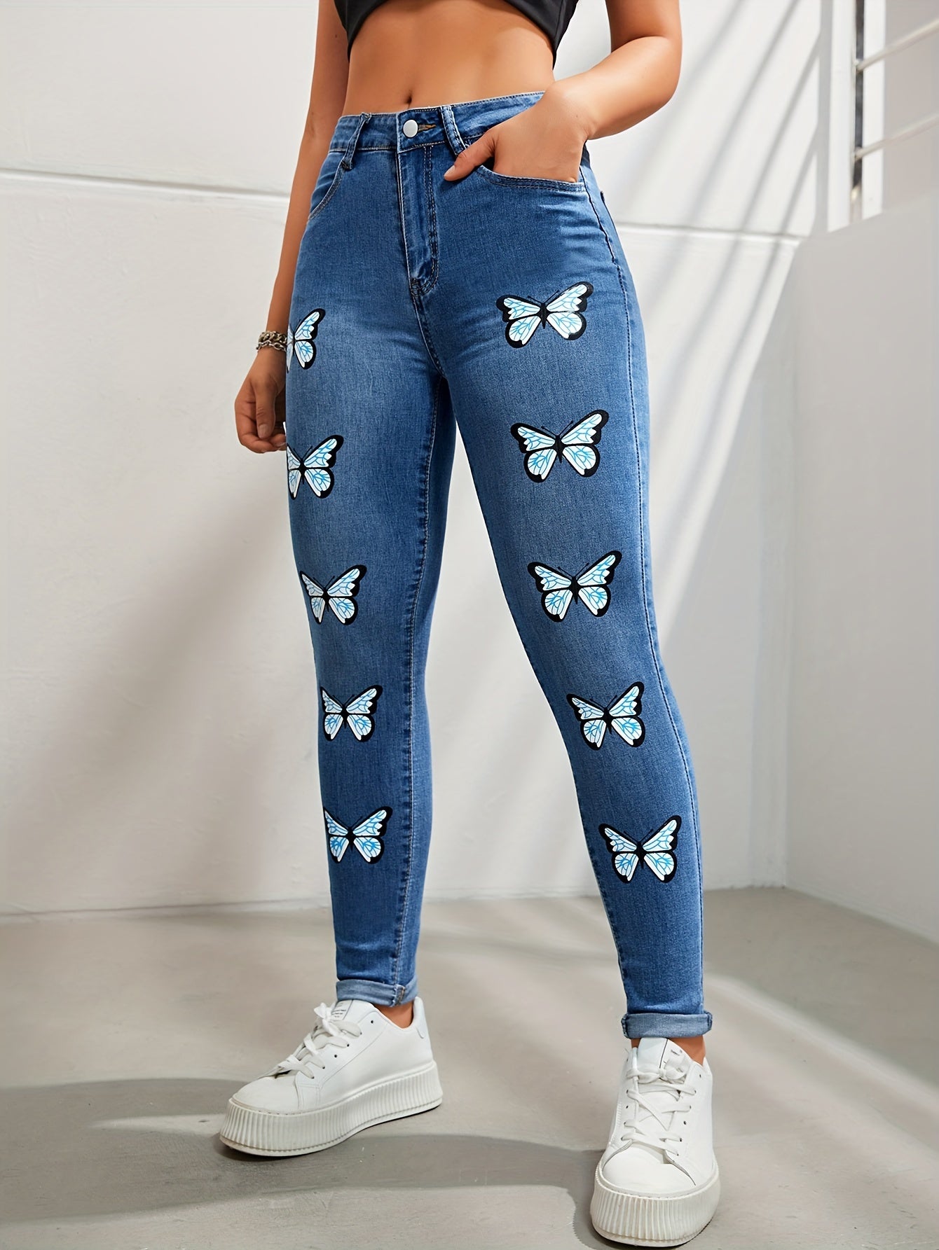 Butterfly Print High Rise Skinny Jeans