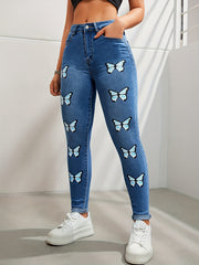 Butterfly Print High Rise Skinny Jeans