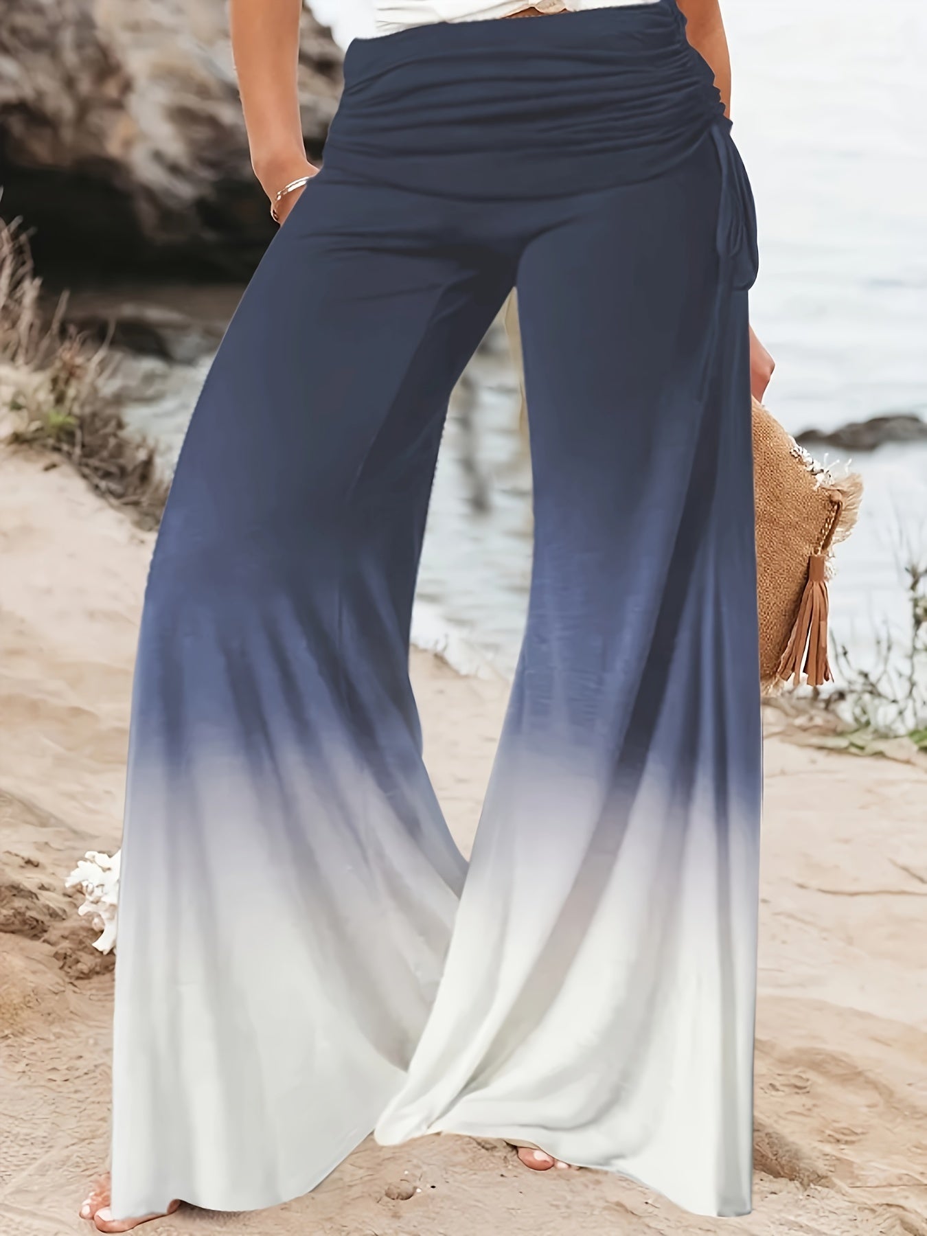 Women's Plus Tie Dye Ombre Print High Waist Wide Leg Drawstring Pant