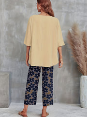 Casual 2pc Set Crew Neck T-shirt & Floral Wide Leg Pants