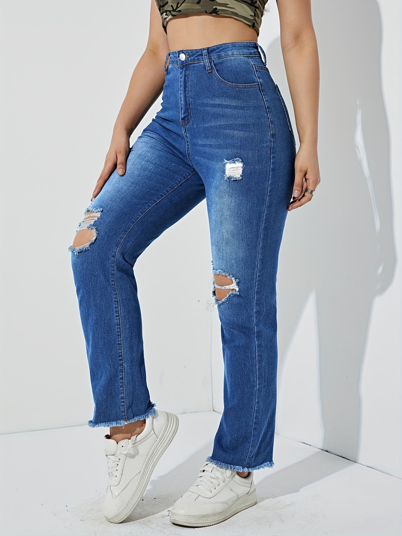 High Rise Ripped Knees Jeans High Waist Distressed Denim