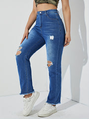 High Rise Ripped Knees Jeans High Waist Distressed Denim