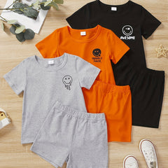 Boys Smile Face Graphic Print Short Sleeve T-shirt & Shorts Set