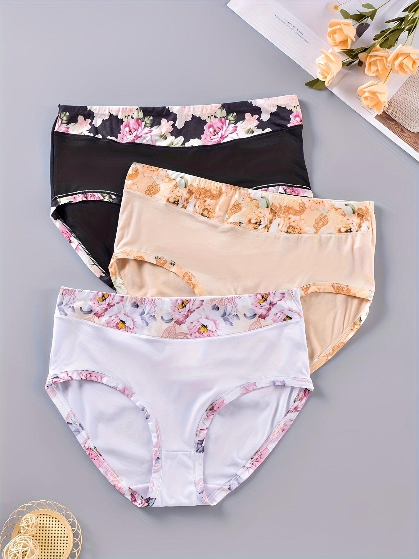 3 Pack Plus Size Seamless Floral Print Panties Set
