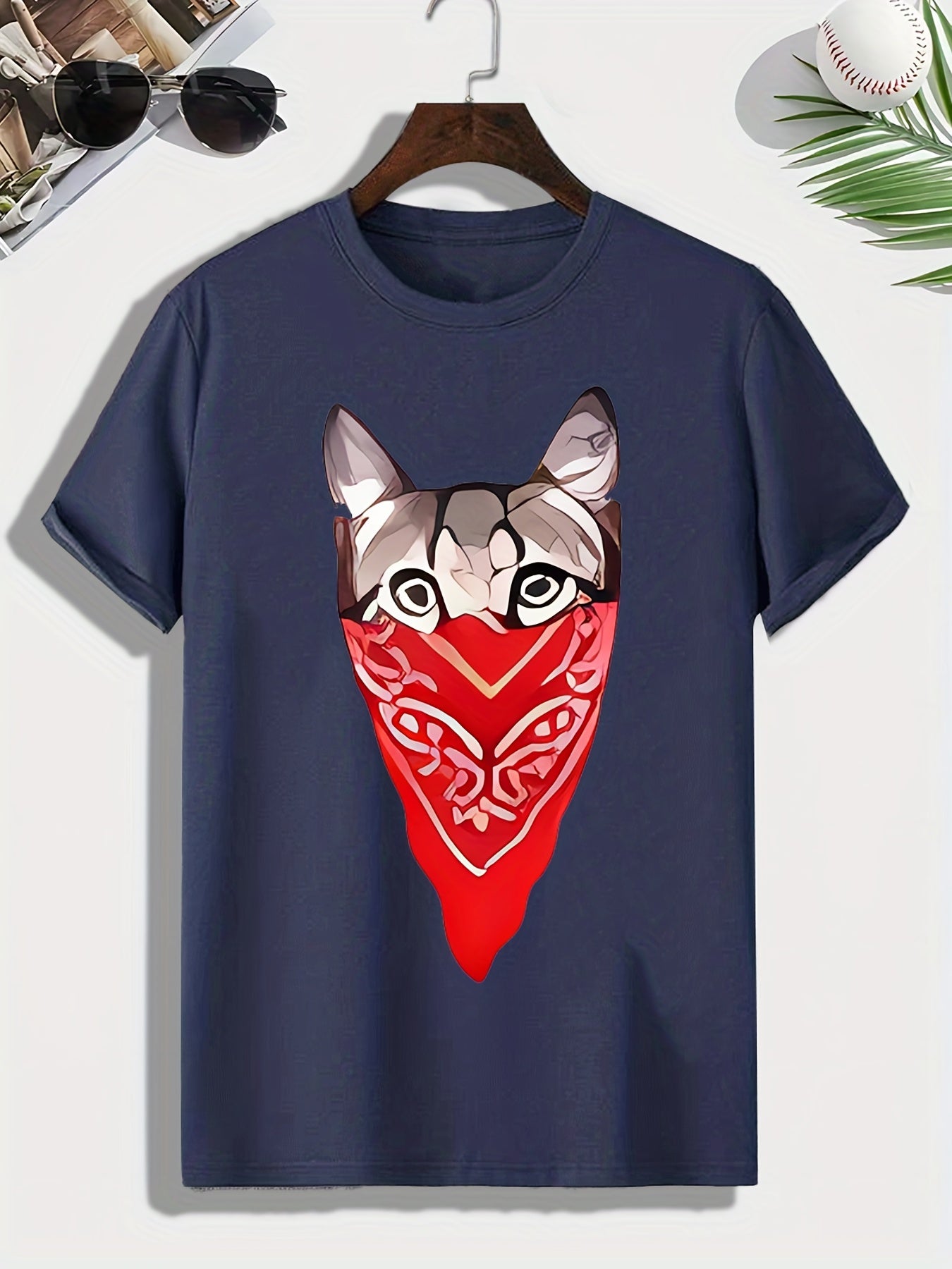 Men's Cat Print T-shirt Active Comfy Stretch Crew Neck Tee