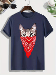 Men's Cat Print T-shirt Active Comfy Stretch Crew Neck Tee
