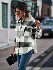 Plaid Print Shacket Jacket Collared Outerwear Women's Clothing